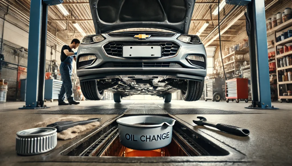 2015 Chevy Cruze in a garage with a mechanic performing an oil change, focusing on the oil drain pan and tools.