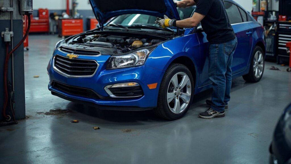 Chevy Cruze oil change process in a garage, showing tools and equipment.