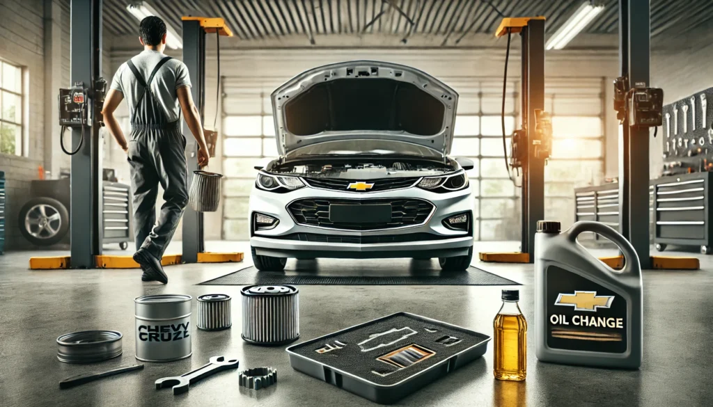 Mechanic preparing for an oil change on a Chevy Cruze in a service bay.