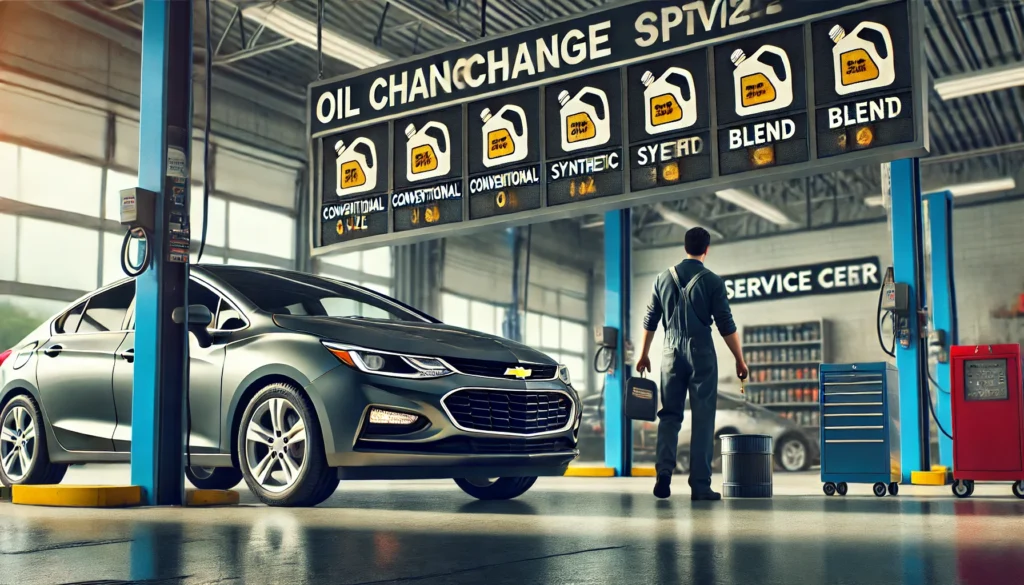 A Chevy Cruze at a service center with visible oil change price options.