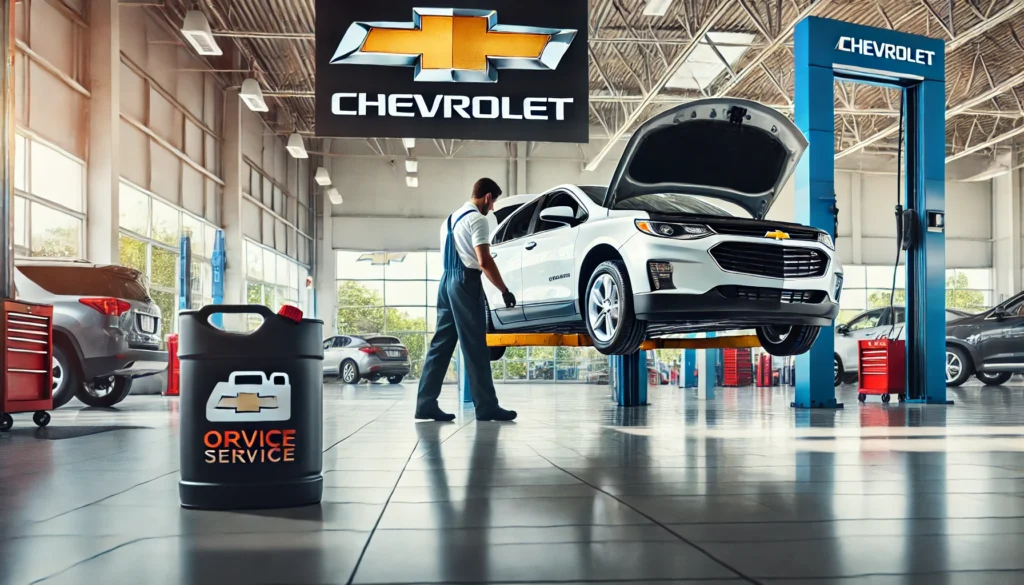 Chevrolet vehicle receiving an oil change at a dealership service center.