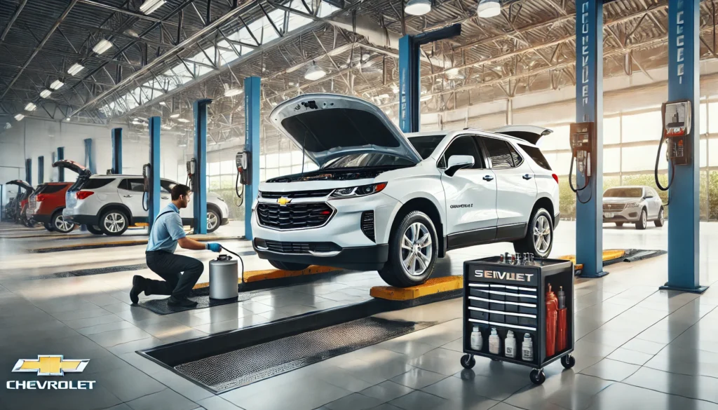 Chevy vehicle receiving an oil change at a dealership service bay.