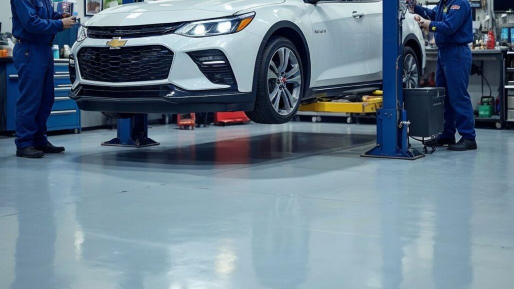 Chevy vehicle receiving an oil change at a dealership, showcasing professional service.