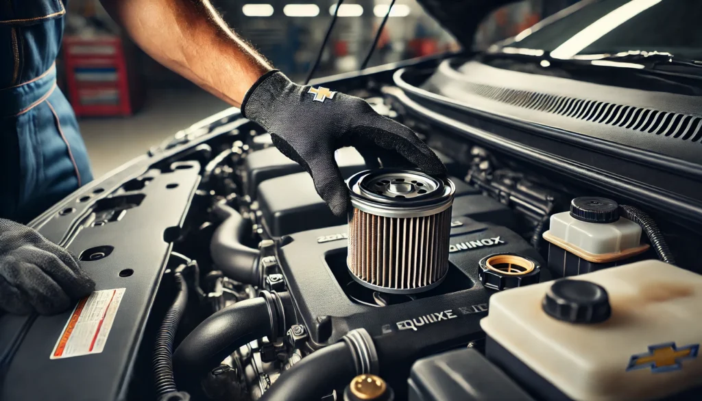 Mechanic installing a new oil filter on a 2017 Chevy Equinox engine.