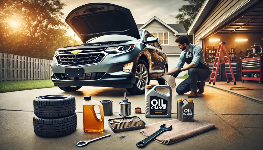 Chevy Equinox parked in a driveway with tools ready for an oil change.