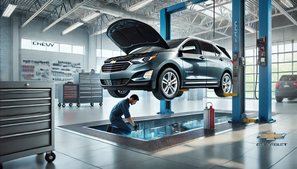 Chevy Equinox receiving an oil change in a professional service bay, showcasing quality maintenance.