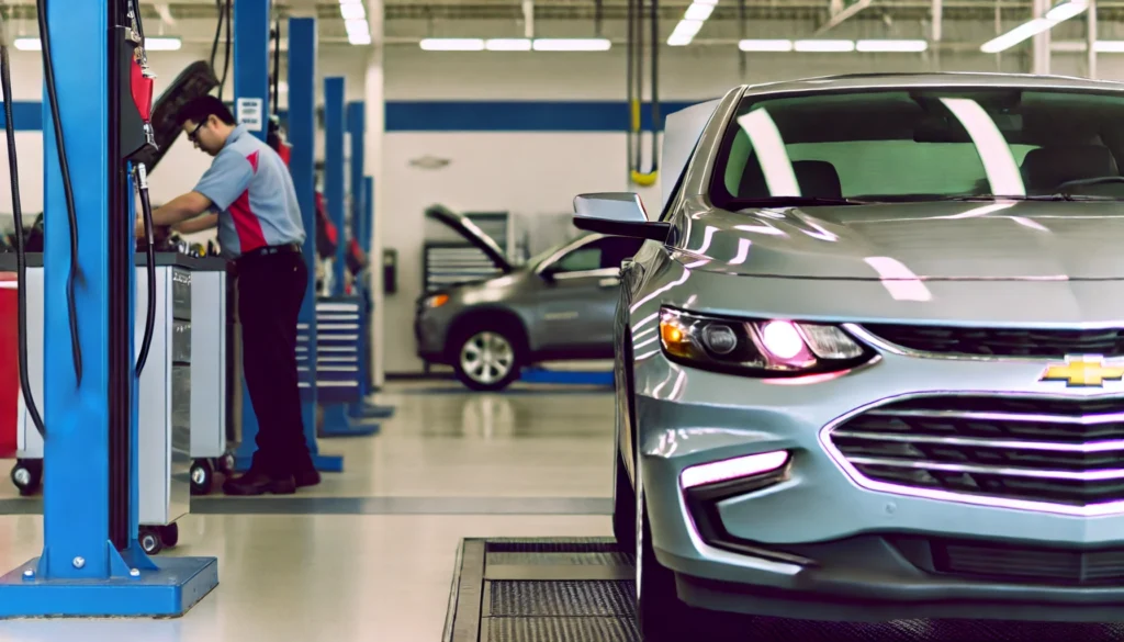 A Chevy Malibu receiving an oil change in a modern service bay, emphasizing routine maintenance.