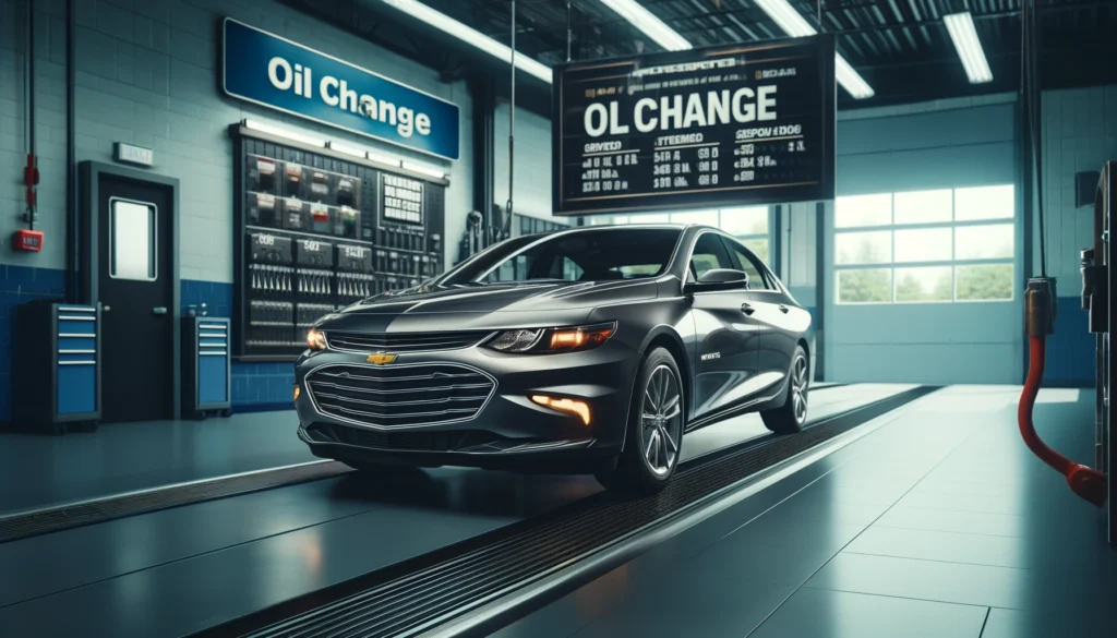 Chevy Malibu at a service center with a focus on oil change pricing and service.