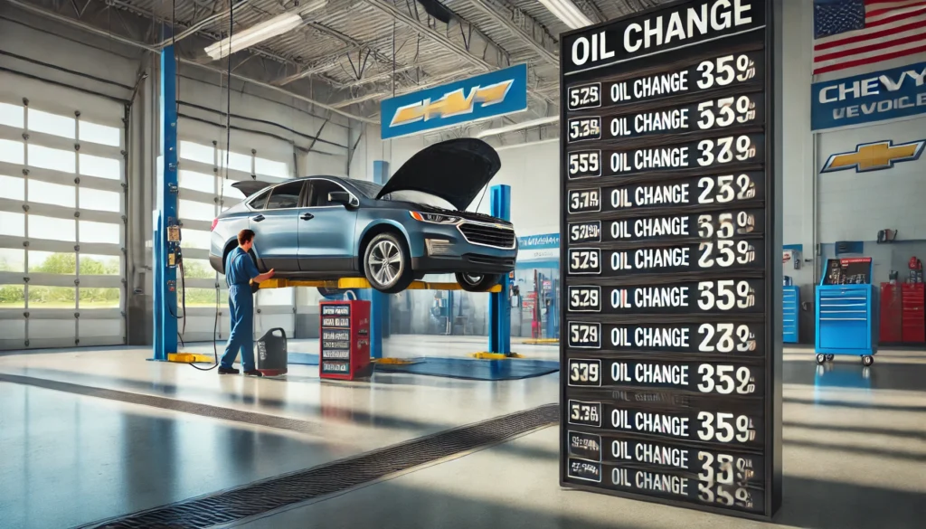 Chevy vehicle receiving an oil change with visible pricing options.