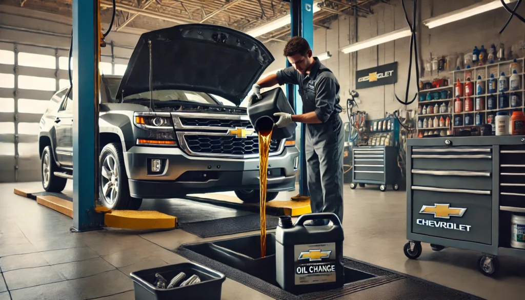 Chevrolet vehicle receiving a professional oil change service in a service bay.