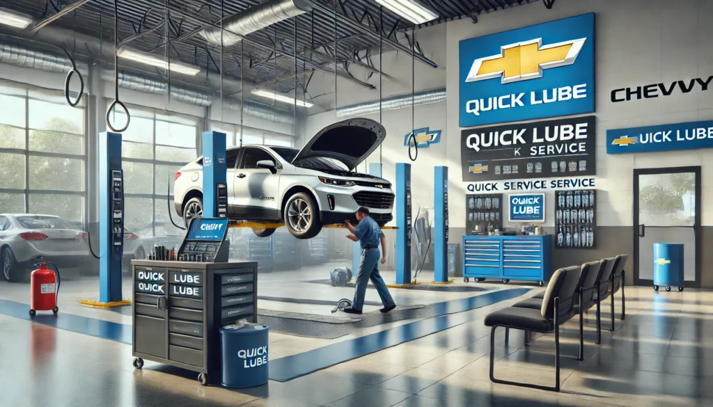 Chevy vehicle receiving quick lube service at a professional service center.