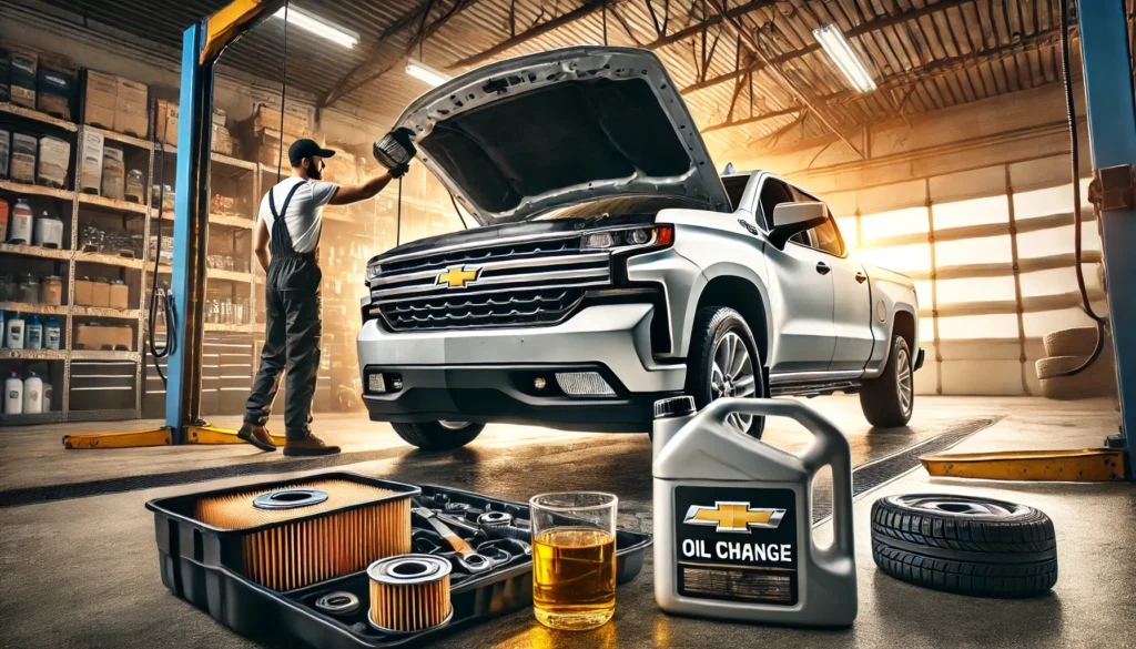 Chevy Silverado oil change being performed in a garage.