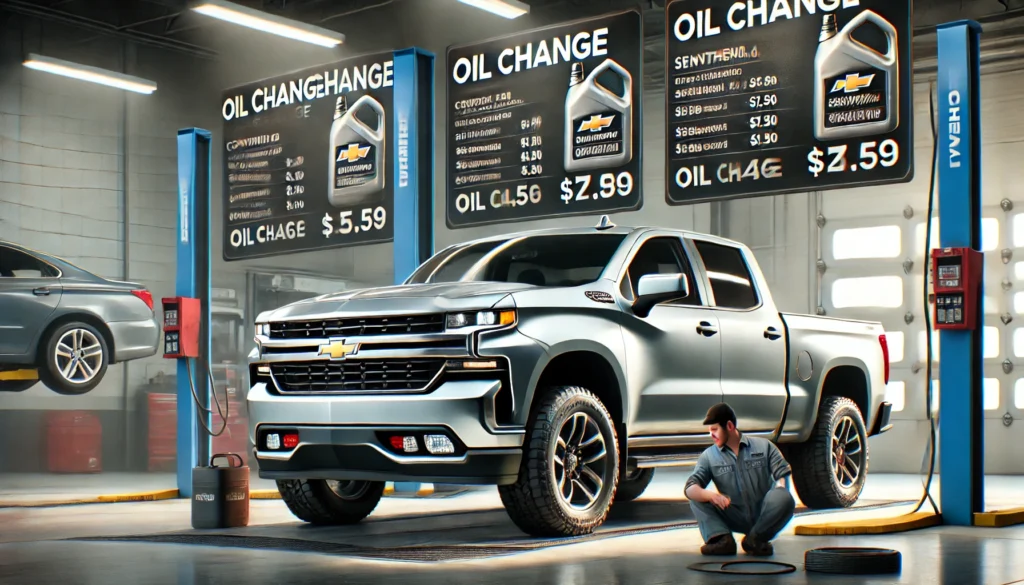 Chevy Silverado receiving an oil change with visible pricing options.