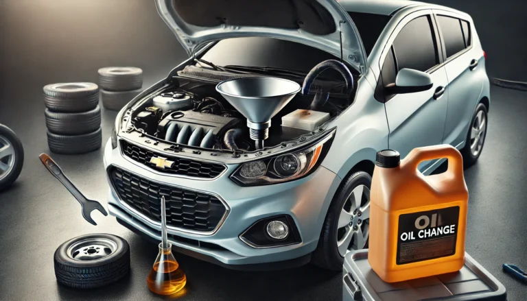 Chevy Spark with the hood open, mid-oil change, showcasing a funnel and oil container.
