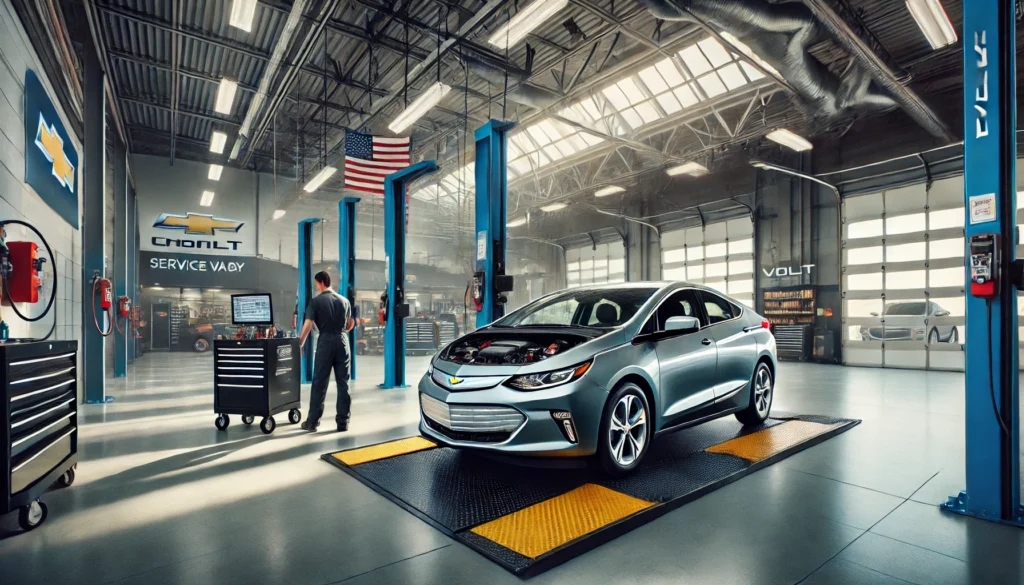 A Chevy Volt undergoing an oil change in a modern service bay, showcasing hybrid vehicle maintenance.