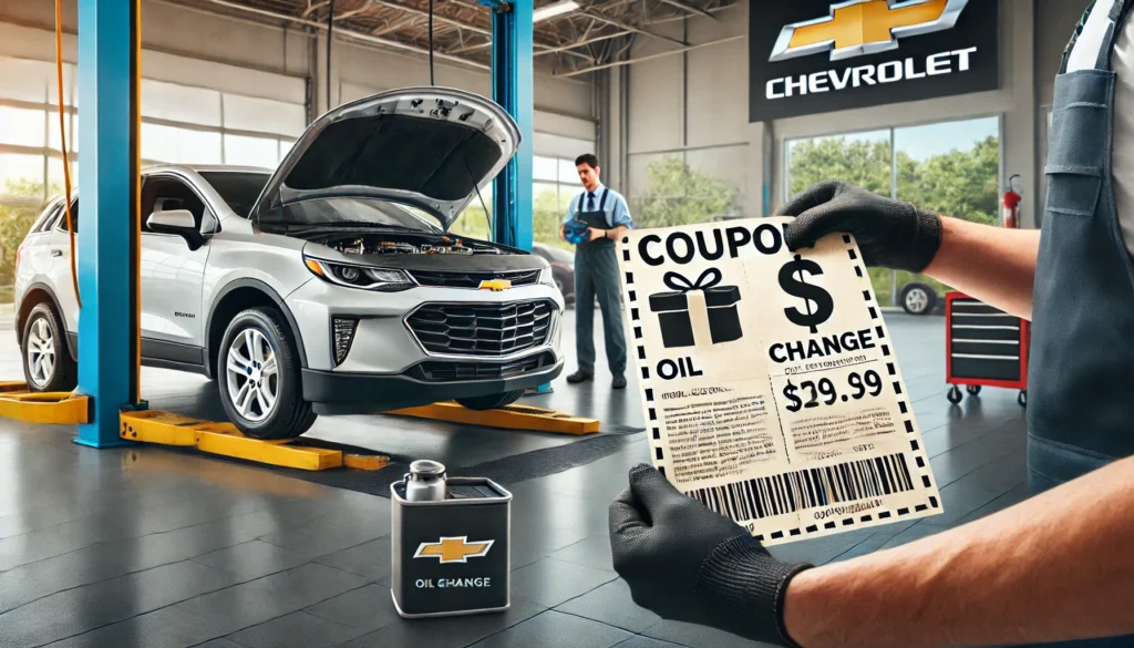 Chevrolet vehicle receiving an oil change at a dealership with a coupon being used.