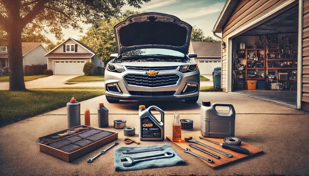 2015 Chevy Malibu with tools ready for an oil change in a driveway.