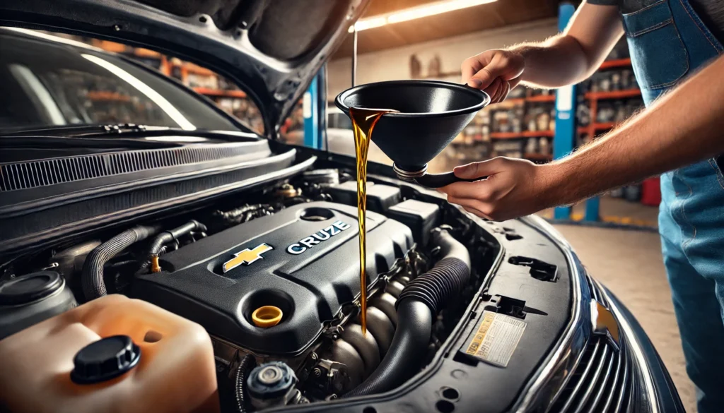 2013 Chevy Cruze with hood open during an oil change, showing fresh oil being poured into the engine.