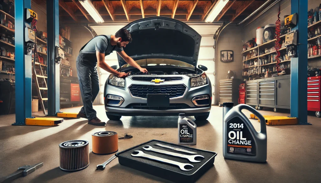 A 2014 Chevy Cruze with its hood open in a garage, showing tools and oil filter during an oil change.