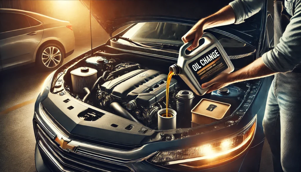 Oil change in progress for a 2015 Chevy Malibu, with the hood open and new oil being poured into the engine.