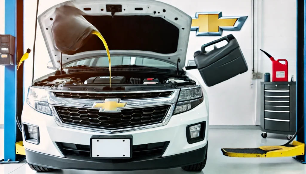 Chevy vehicle undergoing an oil change in a modern garage.