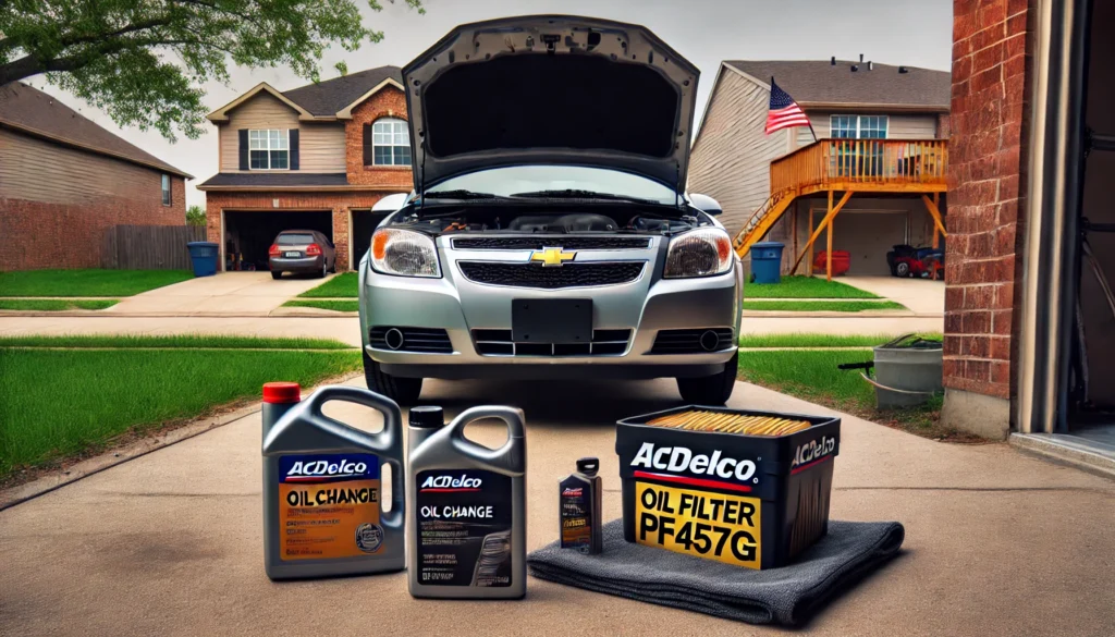 2010 Chevy Cobalt with oil change supplies, including an ACDelco PF457G oil filter and engine oil, prepared for a DIY maintenance.