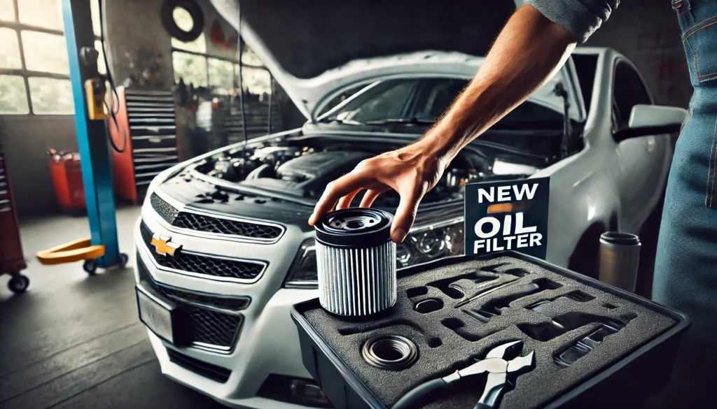 2011 Chevy Malibu with the hood open, showing the installation of a new oil filter.