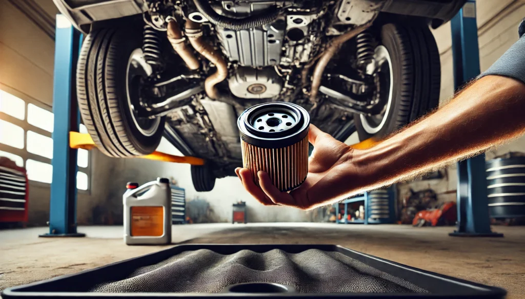Mechanic installing a new oil filter on a 2012 Chevy Malibu, with the undercarriage and oil drain pan visible.