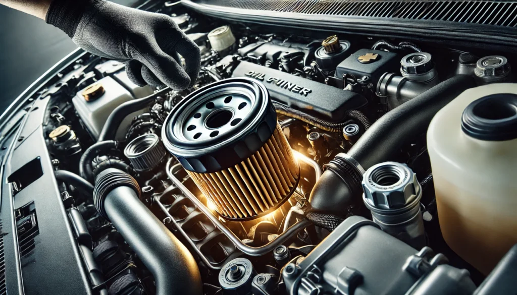 Installing an oil filter on a 2014 Chevy Equinox engine.