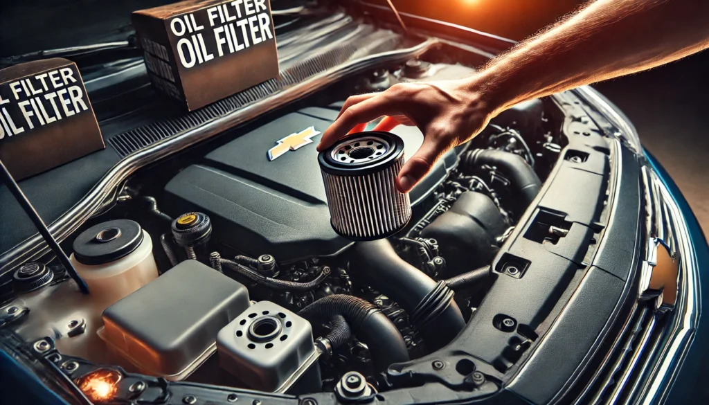 Installing a new oil filter on a 2014 Chevy Malibu, with focus on the engine area.
