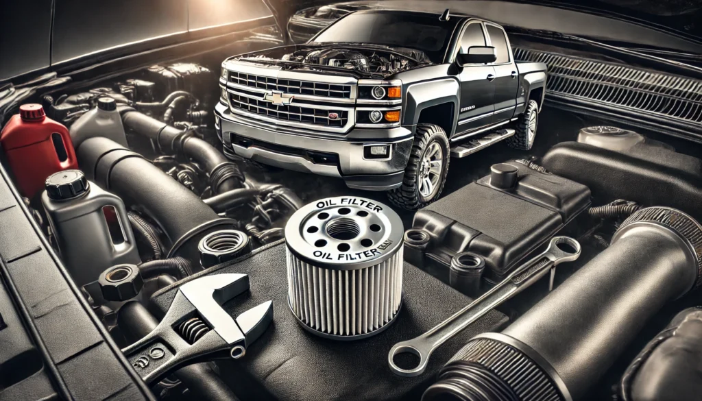 Close-up of a 2014 Chevy Silverado oil filter installation with tools.