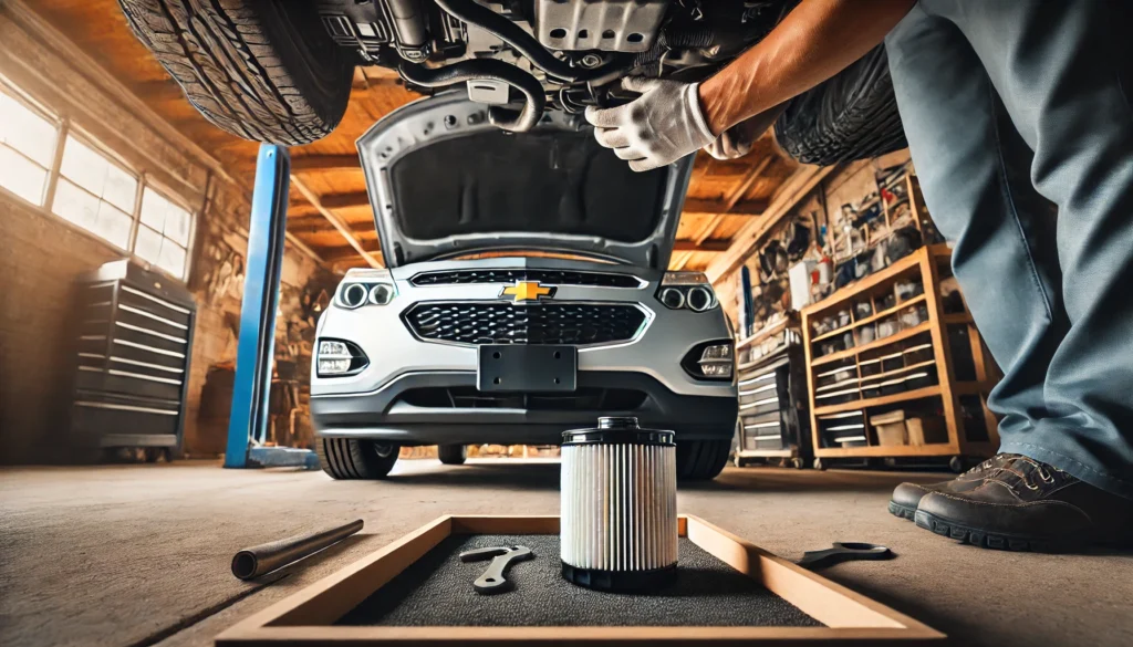 Mechanic installing a new oil filter on a 2015 Chevy Equinox in a garage.