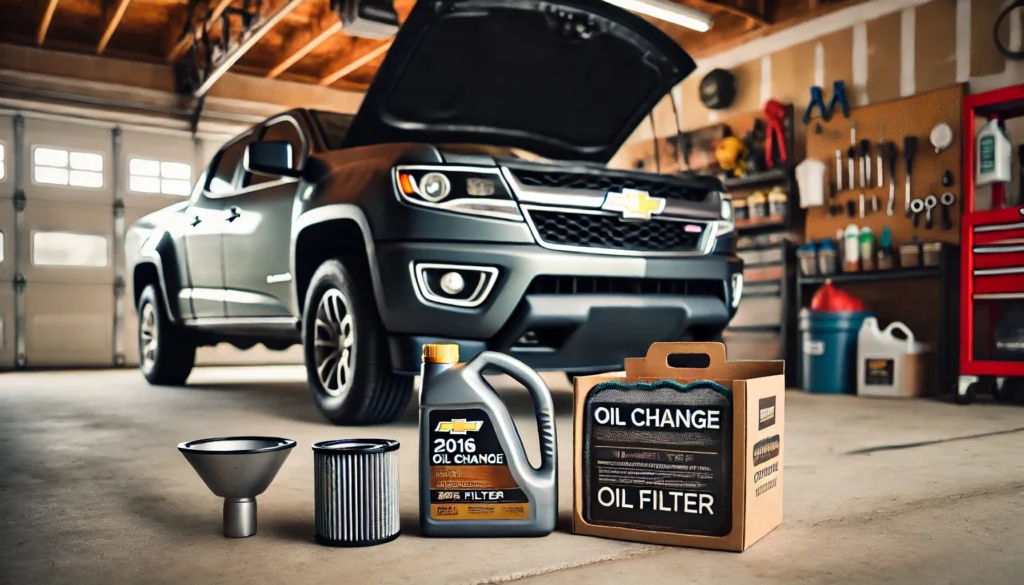 2016 Chevy Colorado with oil filter and maintenance tools ready for an oil change.