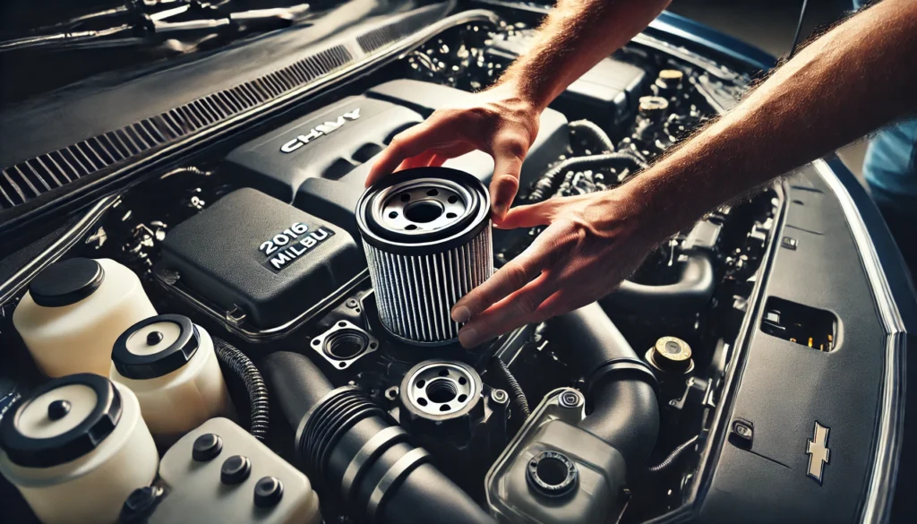 Close-up of installing an oil filter on a 2016 Chevy Malibu engine.