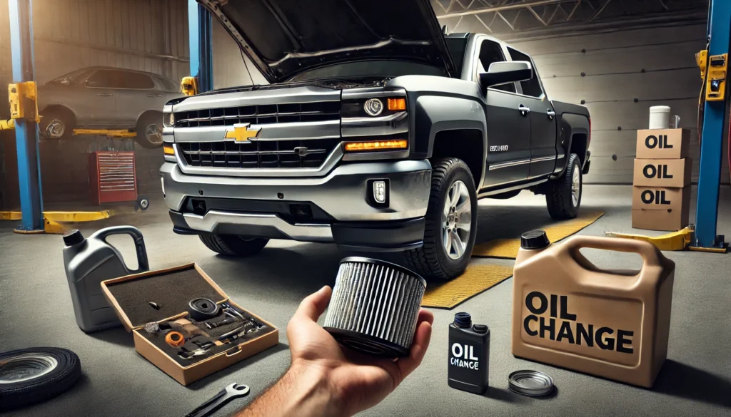 2016 Chevy Silverado during an oil filter change with tools and oil containers visible.