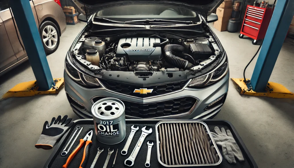 A 2017 Chevy Cruze with an oil filter and tools ready for an oil change.