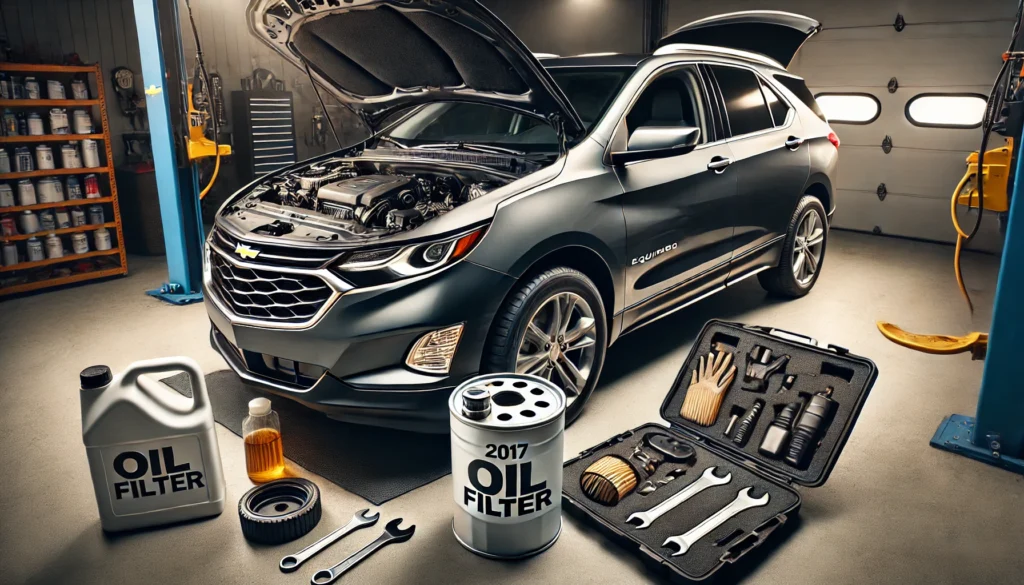 A 2017 Chevy Equinox in a garage with an oil filter and tools ready for an oil change.