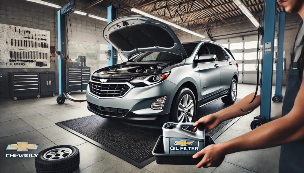 2018 Chevy Equinox in a garage with a technician replacing the oil filter.