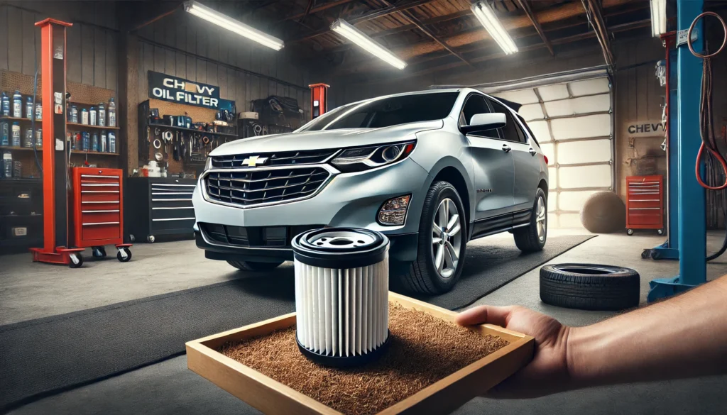 2019 Chevy Equinox in a garage with an oil filter displayed beside it, emphasizing the importance of selecting the right filter.