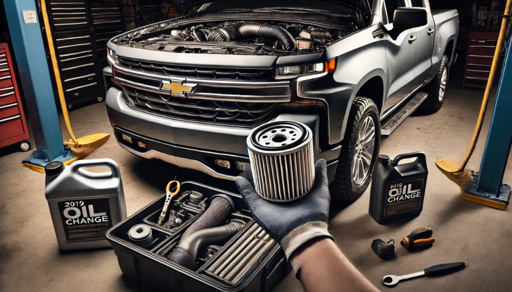 2019 Chevy Silverado during an oil filter change, with tools and oil containers visible.