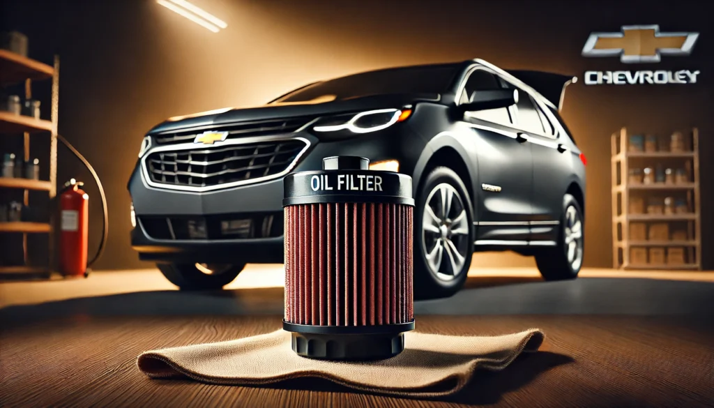 High-quality oil filter next to a 2020 Chevy Equinox, emphasizing the importance of proper engine maintenance.