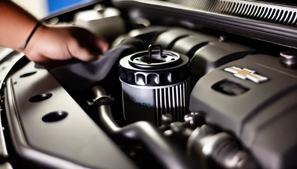 A mechanic installing a new oil filter on a Chevy Equinox engine.