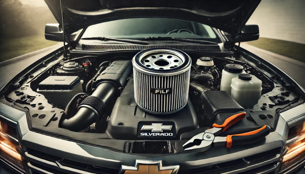 Close-up of an oil filter being replaced on a Chevy Silverado 1500.