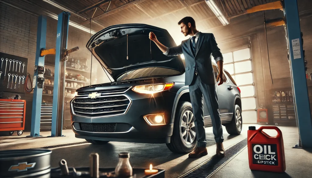 Mechanic checking the oil level on a 2017 Chevy Traverse with the hood open in a garage.