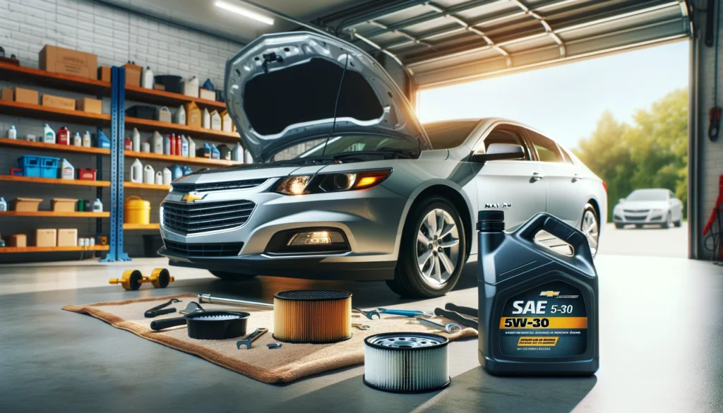 2013 Chevy Malibu in a garage with SAE 5W-30 synthetic oil and oil filter ready for an oil change.