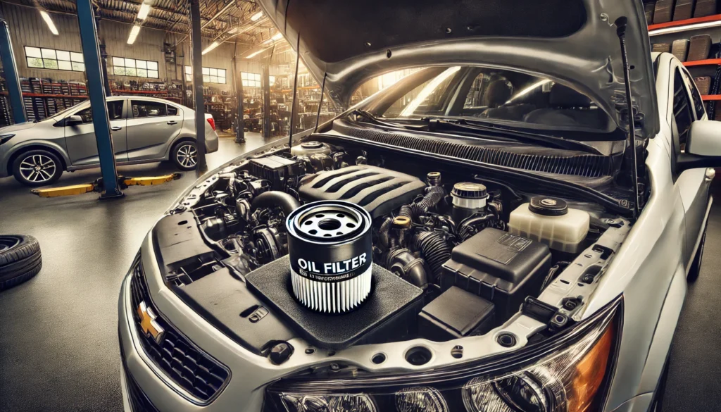 Image of a 2014 Chevrolet Sonic engine bay highlighting the location of the oil filter and components affected by oil changes.
