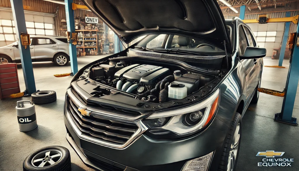 2015 Chevrolet Equinox engine bay with the oil cap and oil filter locations highlighted, illustrating the oil change process.
