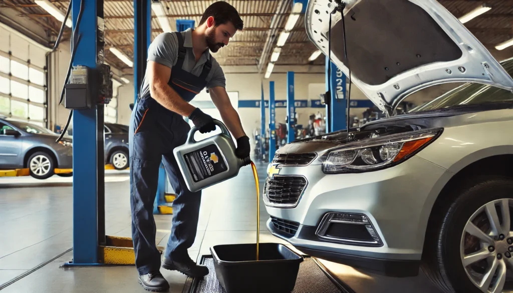 Mechanic performing an oil change on a 2013 Chevy Malibu using synthetic blend oil.