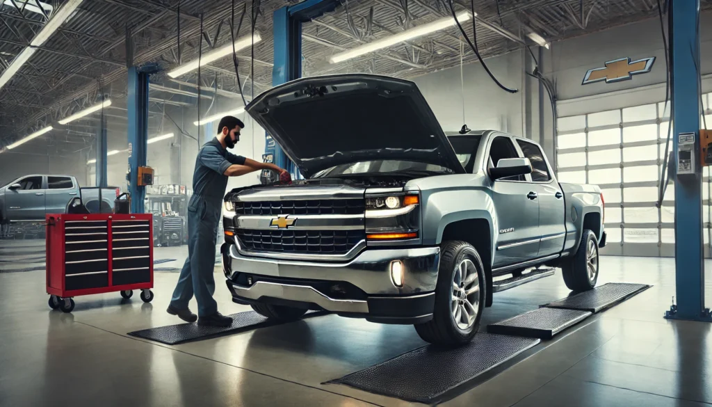 2017 Chevy Silverado receiving an oil change at a Chevrolet service center.