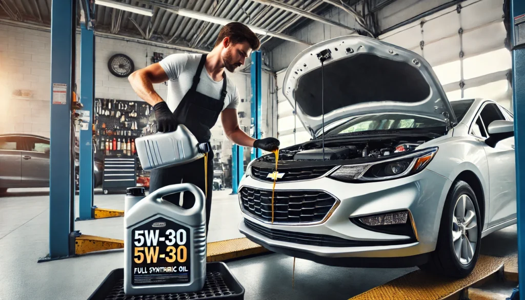 Mechanic performing an oil change on a 2018 Chevy Cruze using full synthetic oil.